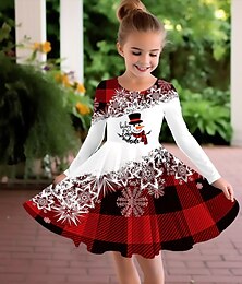 cheap -Girls' 3D Plaid Snowman Snowflake Dress Long Sleeve 3D Print Fall Winter Sports & Outdoor Daily Holiday Cute Casual Beautiful Kids 3-12 Years Casual Dress A Line Dress Above Knee Polyester Regular Fit