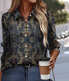 economico -Camicia da donna Moda Bottoni Stampa a maniche lunghe Regular Tops Collo Camicie Casual Blu Primavera e Autunno