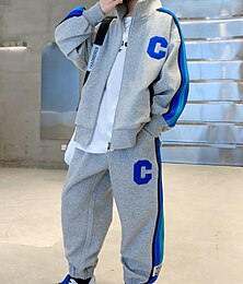 preiswerte -2 Stück kinderkleidung Jungen Trainingsanzüge Outfit Buchstabe Streifen Langarm Seitenstreifen Set Täglich Frühling Herbst 7-13 Jahre Weiß Grau