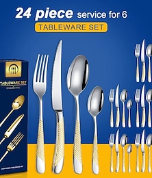 ieftine -Set de veselă cu mâner, 24 de bucăți, argintărie, cu lamă largă, furculiță pentru friptură, lingură de cafea, veselă de siguranță, set de recuzită pentru masă de bucătărie