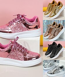 cheap -Women's Sneakers Bling Bling Shoes Pink Shoes Plus Size Outdoor Color Block 3D Summer Winter Rhinestone Flat Heel Round Toe Closed Toe Fashion Sporty Casual PU Lace-up Silver Black Pink