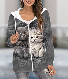 cheap -Women's Oversized Zip Up Hoodie Sweatshirt Cat Casual Sports Drawstring Zip Up Front Pocket Gray Active Sportswear Hoodie Long Sleeve Top Micro-elastic Fall & Winter