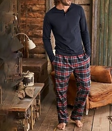 economico -Per uomo loungewear Pigiami Set pigiama Top e pantalone del pigiama 2 pezzi A quadri Moda Informale Comoda Interni Giornaliero Misto cotone Comfort Henley Manica lunga maglietta Pantalone A