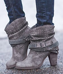 olcso -Női Csizmák Slouchy Boots Szabadtéri Napi Kivág Csizmák Bokacsizmák Csat Vaskosabb sarok Kerek orrú Csehország Alkalmi Műbőr Bebújós Fekete Bézs Szürke