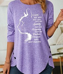 abordables -Camiseta de mujer con estampado de letras de gato, manga larga, cuello redondo, para uso diario, para fin de semana, color negro, rosa, morado, gris, primavera&amp;  caer