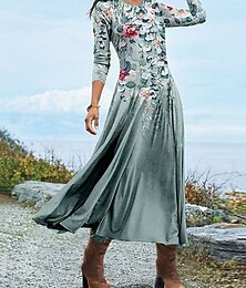 halpa -Naisten midi-mekko A-linjainen mekko rento mekko talvimekko pyörivä mekko muotitieto katuvaatteet kypsä virallinen ulkoilu loma säännöllinen istuvuus kukallinen pitkät hihat pyöreä pääntie sininen