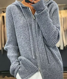 cheap -Women's Cardigan Sweater Hooded Ribbed Knit Knit Zipper Fall Winter Regular Outdoor Daily Going out Stylish Casual Soft Long Sleeve Solid Color Black Camel Beige One-Size