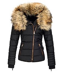 cheap -Women's Parka Fleece Puffer Jacket Winter Thicken Coat with Fur Collar Fall Drawstring Warm Heated Jacket with Pockets Long Sleeve Black