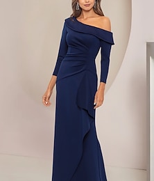 abordables -Robe A-Ligne Mère de la Mariée Invité de mariage Élégante Fête Sans épaule Longueur sol Tissu extensible Manches longues avec volants Fronces Couleur unie 2025 taille sur mesure gratuite