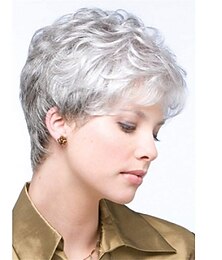 economico -parrucche pixie corte ricce grigie per le donne bianche parrucca sintetica a strati grigio argento parrucche soffici con taglio pixie dall'aspetto naturale con frangia