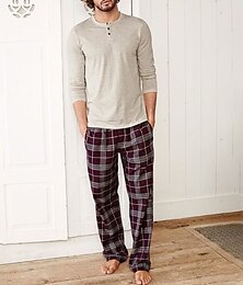 economico -Per uomo loungewear Pigiami Set pigiama Top e pantalone del pigiama 2 pezzi A quadri Moda Informale Comoda Interni Giornaliero Misto cotone Comfort Henley Manica lunga maglietta Pantalone A