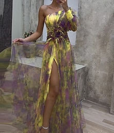 Χαμηλού Κόστους -Γυναικεία Φόρεμα χορού Φόρεμα για πάρτυ Νυφικό καλεσμένο Μακρύ Φόρεμα Μάξι Φόρεμα Κίτρινο Ρουμπίνι Βυσσινί Μακρυμάνικο Φλοράλ Σκίσιμο Άνοιξη Φθινόπωρο Χειμώνας Ένας Ώμος Μοντέρνα