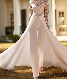 economico -Abiti da matrimonio formali casual due pezzi scollo rotondo maniche lunghe lunghezza a terra in chiffon abiti da sposa con applicazioni spilla di cristallo