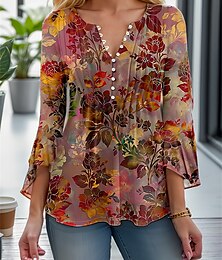 ieftine -Tricou pentru femei Henley Bluză Modă Floral Imprimeu cu butoane Mâneci de 3/4 Lungime Tops regulare Gât rotund Casual Vacanță Roșu Albastru Violet Verde Primăvară  Toamnă