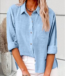 economico -Per donna Camicia Camicie di cotone e lino Abbottonare Blusa Semplice Moda Neon & Luminoso Manica Lunga Colletto a Camicia Top Regolari Casuale Bottoni Tasca Blu denim Nero Bianco Giallo Rosa