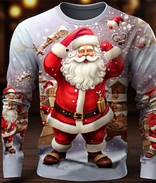 Недорогие -Новогодняя тематика Муж. Графика Дед Мороз Футболка Длинный рукав Футболка 3D печать Вырез под горло Рубашка Мода Оригинальный рисунок На каждый день Для спорта и активного отдыха Праздники На выход