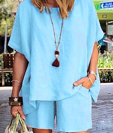 economico -Per donna Moda Comfort Morbido Set ispirati al lino Set da due pezzi Manica Corta Pantaloni corti Girocollo Colore Puro Tasca Elastico in vita Vacanza Casa Quotidiano Bianco Verde militare Cachi