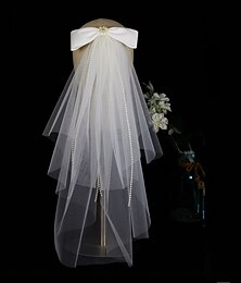 cheap -Two-tier Cute Wedding Veil Elbow Veils with Faux Pearl / Satin Bow Tulle