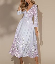 cheap -Women's Floral Print V Neck Long Dress Maxi Dress Vacation 3/4 Length Sleeve Spring Fall