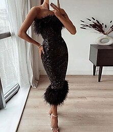 ieftine -teaca/coloana cocktail rochie neagra stralucire&amp; rochie strălucitoare îmbrăcăminte de petrecere invitată la nuntă lungime ceai fără mâneci fără bretele cu paiete cu pene 2024
