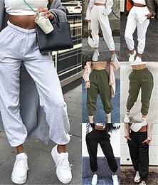 billige -Dame Joggebukser Jogger Mote Gatemote Fritid Full lengde Høy Midje Helfarge Lomme Elastisk midje Komfort Pusteevne Myk Mikroelastisk Feriereise Gate Sport Svart tynn seksjon Grå tynn seksjon Hvit