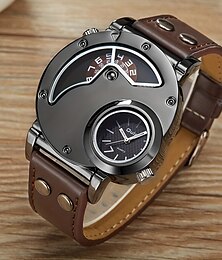 cheap -Two Time Zone Casual Leather Strap Wristwatch Male Big Size Sport Watches Unique Men's Quartz Watch
