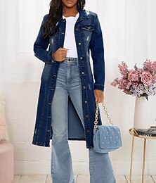 preiswerte -Damen-Jeansjacke, Jeansjacke, langer Trenchcoat, winddicht, mit Taschen, Vintage-Stil, lässig, täglich, Street-Style-Jacke, lange Ärmel, einfarbig