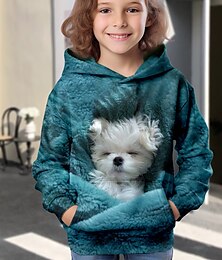 billiga -Flickor 3D Hund Huvtröja Pullover Långärmad 3D-tryck Höst Vinter Aktiv Mode söt stil Polyester Barn 3-12 år 4-12 år Utomhus Ledigt Dagligen Normal