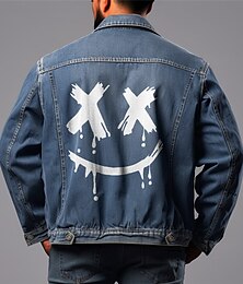 cheap -Men's Coat Denim Jacket Graffiti Casual Sports & Outdoor Going out Weekend Fall & Winter Turndown Long Sleeve Black Blue M L XL Denim Jacket