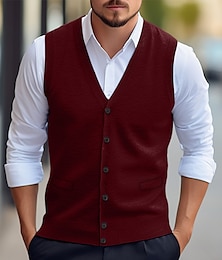 cheap -Men's Sweater Vest Cardigan Sweater Ribbed Knit Regular Pocket Knitted Plain V Neck Warm Ups Modern Contemporary Daily Wear Going out Clothing Apparel Winter Wine Red Dark Navy S M L