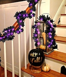 abordables -Guirnalda negra de Halloween de 10 pies, hoja de arce de vides negras con luces moradas para chimenea, escaleras, decoración colgante para fiesta