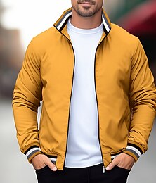 cheap -Men's Casual Jacket Sport Coat Daily Wear Warm Pocket Fall Winter Solid Color Fashion Sporty Stand Collar Regular Black Yellow Navy Blue Green Jacket