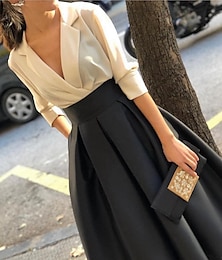 cheap -A-Line Wedding Guest Dress Wedding Black Tie Floor Length Long Sleeve V Neck Fall Black Tie Satin with Ruched Pocket 2024
