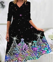 Недорогие -женское рождественское рабочее платье повседневное платье свинг-платье модное зимнее платье повседневное платье миди с принтом v-образным вырезом с длинным рукавом дерево ombre стандартная посадка