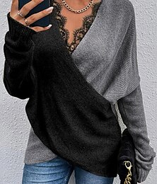 economico -Per donna Pullover Maglione Moda Informale Morbido Tinta unica A coste A V Collage Incrociato Finiture in pizzo Manica lunga Top regolari Maglia Giornaliero Per uscire Fine settimana Bianco Cachi