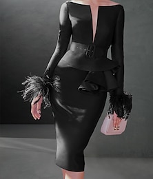 abordables -Robes de Cocktail Svelte Élégante Robe Formelle Automne Longueur Genoux Manches Longues Col V Ceinture  Ruban Tissu Extensible avec Volants en Plumes Robe de Jour de Course taille sur mesure gratuite