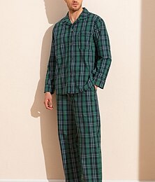 abordables -Hombre Ropa de salón Pijama Conjunto pijama Top y pantalón de pijama 2 Piezas Plaid Elegante Casual Confort Hogar Diario Algodón Comodidad Diseño Manga Larga Camisa Pantalón Correa Cintura elástica