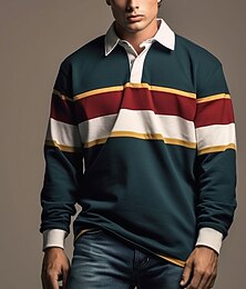 cheap -Men's Striped Rugby Polo Shirts Long Sleeve Polo Shirts Zip Casual Outdoor Streetwear Casual Daily 3D Print Fall & Winter Blue Dark Navy Ink Blue