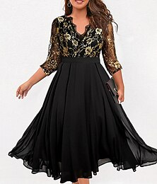 Χαμηλού Κόστους -Γυναικεία Μεγάλα Μεγέθη Καμπύλη Μαύρο φόρεμα Φόρεμα για πάρτυ Φορέματα σιφόν Φλοράλ Μακρύ Φόρεμα Μάξι Φόρεμα 3/4 Μήκος Μανικιού Δίχτυ Κουρελού Λαιμόκοψη V Κομψό Επισκέπτης γάμου Μαύρο