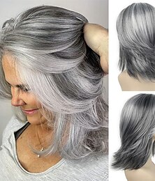 cheap -Layered Gray Wigs for White Women Short Silver Mixed Grey Wigs with Dark Roots Synthetic Hair Layered Bob Wigs Natural Looking