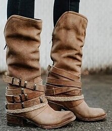 abordables -Botas de media pantorrilla de piel sintética marrón para mujer: correas con hebillas y detalles de cuerda rústica, botas vaqueras de estilo vintage para uso informal y al aire libre