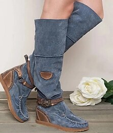 abordables -Botas altas de ante para mujer con tacón de cuña y tira con hebilla - botas casuales de estilo bohemio en azul denim