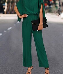 cheap -Women's Jumpsuit High Waist Solid Color Stand Collar Elegant Wedding Work Regular Fit 3/4 Length Sleeve Black Green S M L Fall