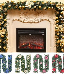 olcso -8,8 láb/2,7 m mesterséges karácsonyi füzér lépcsőház dekoráció zöld rattan virágdíszekkel otthoni lépcsők kandalló bejárati veranda ajtó bemutató beltéri kültéri karácsonyi dekoráció