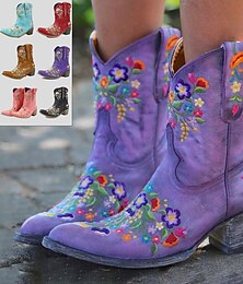 abordables -bottes de cowboy western vintage pour femmes – bottines en similicuir brodées de fleurs pour une tenue décontractée et festive