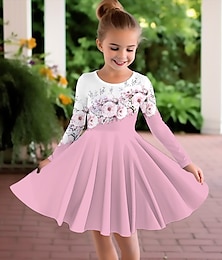 cheap -Girls' 3D Floral Dress Pink Long Sleeve 3D Print Fall Winter Sports & Outdoor Daily Holiday Cute Casual Beautiful Kids 3-12 Years Casual Dress A Line Dress Above Knee Polyester Regular Fit