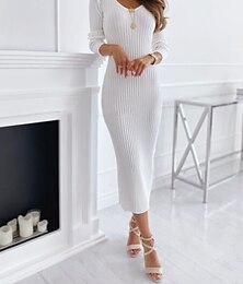 preiswerte -Damen strickkleid Strickkleid Pulloverkleid Midikleid Strickware Warm Modisch Einfarbig Outdoor Casual Täglich Ausgehen V Ausschnitt Langarm 2023 Regular Fit Schwarz Weiß Kaki S M L XL XXL