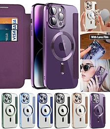 cheap -Phone Case For Apple AirTag iPhone 15 Pro Max Plus 14 13 12 11 Wallet Case With Magsafe Transparent Card Slot Retro TPU PU Leather