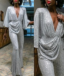 abordables -Mono de mujer talle alto lentejuelas brillante color liso escote en pico elegante fiesta de boda ajuste regular manga 3/4 plata s m l otoño