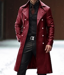 cheap -Men's Faux Leather Jacket Winter Coat Peacoat Trench Coat Office & Career Daily Wear Winter PU Thermal Warm Windproof Outerwear Clothing Apparel Fashion Warm Ups Plain Pocket Lapel Single Breasted